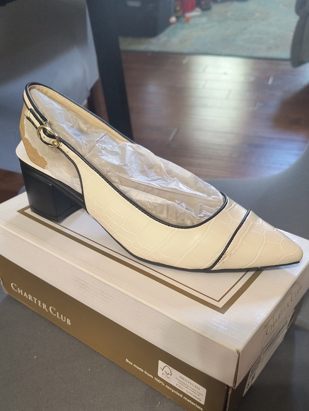 NEW IN BOX, Charter Club Ivory Croc-Embossed Slingback Pump with Black Trim